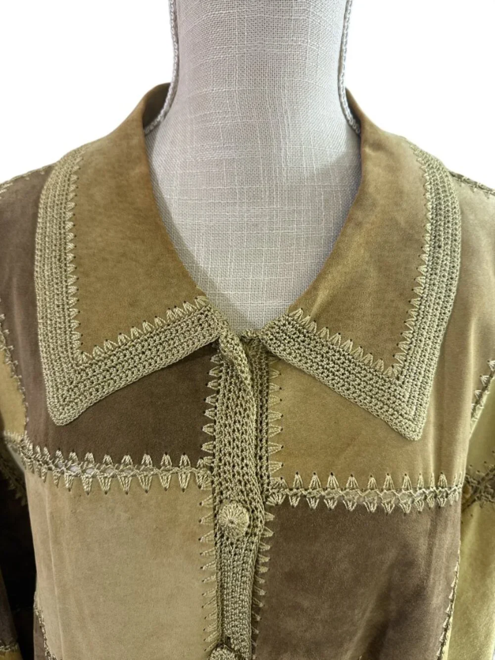 Denim & Co Womens 2X Patchwork Leather Suede Jacket Tan Brown Crochet Stitch 70s